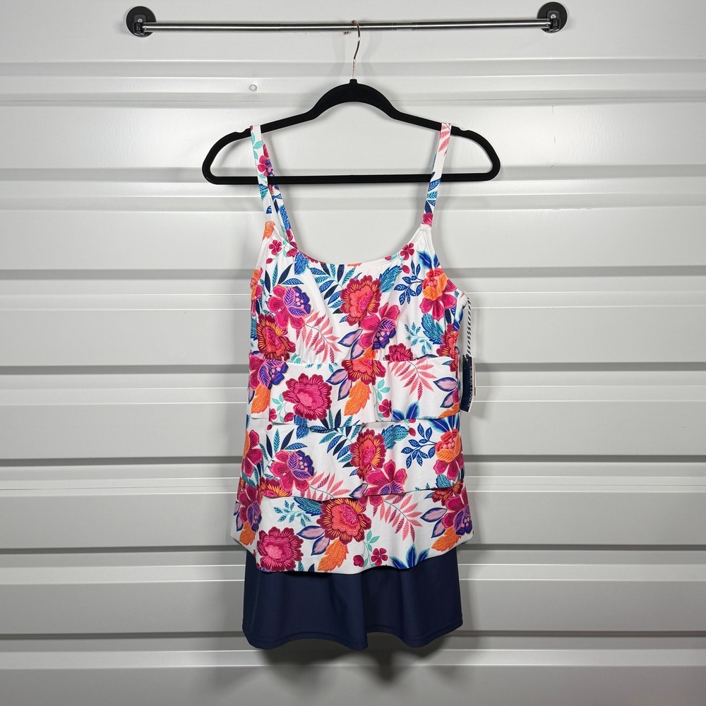 Sonnet Shores Womens Floral Tiered Tankini Top and Swim Skirt Set Navy Size 14